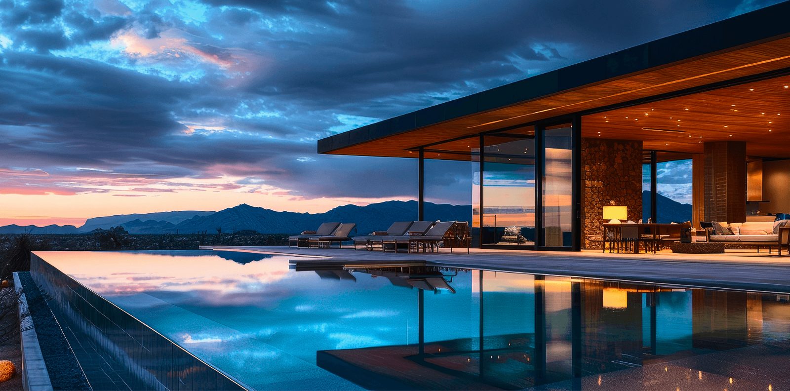 Photo: a modern desert home with infinity pool at dusk